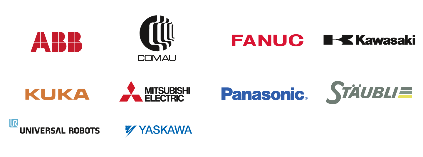 Logos des entreprises : ABB, Comau, FANUC, Kawasaki, kuka, Mitsubishi electric, panasonic, Stäubli, Universal robots, yaskawa