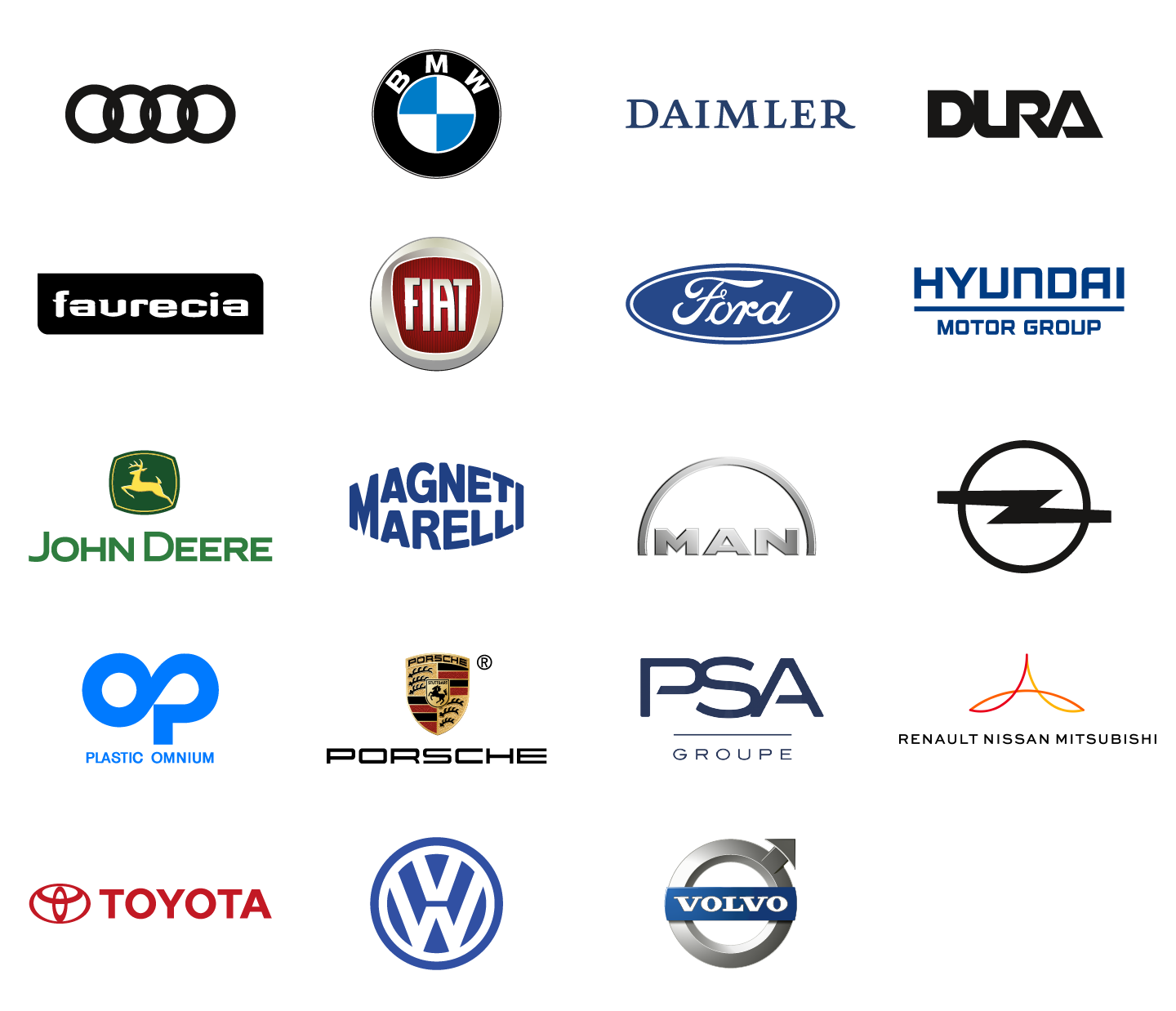 Logos des entreprises : Audi, BMW, Daimler, DURA, Faurecia, Fiat, Ford, Hyundai, John deere, Magneti marelli, MAN, opel, Plastic omnium, Porsche, PSA, Renault Nissan Mitsubishi, Toyota, Volkswagen, Volvo