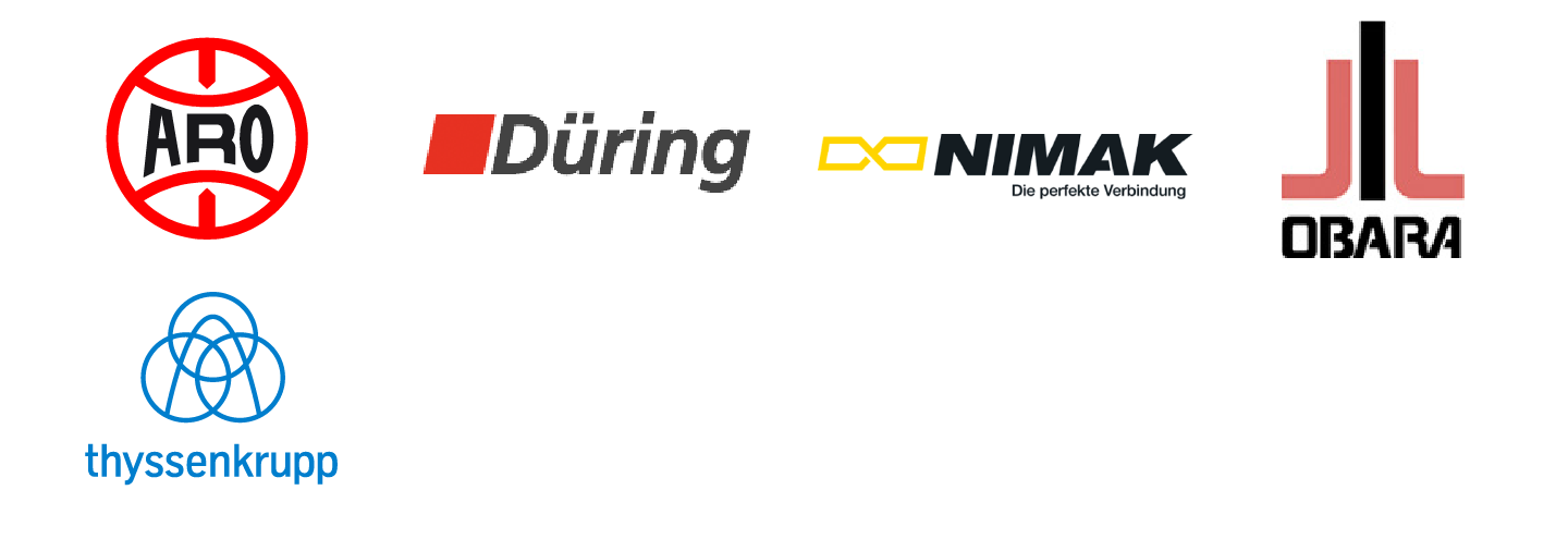 Logos des entreprises : ARO, Düring, Nimak, Obara, Thyssenkrupp